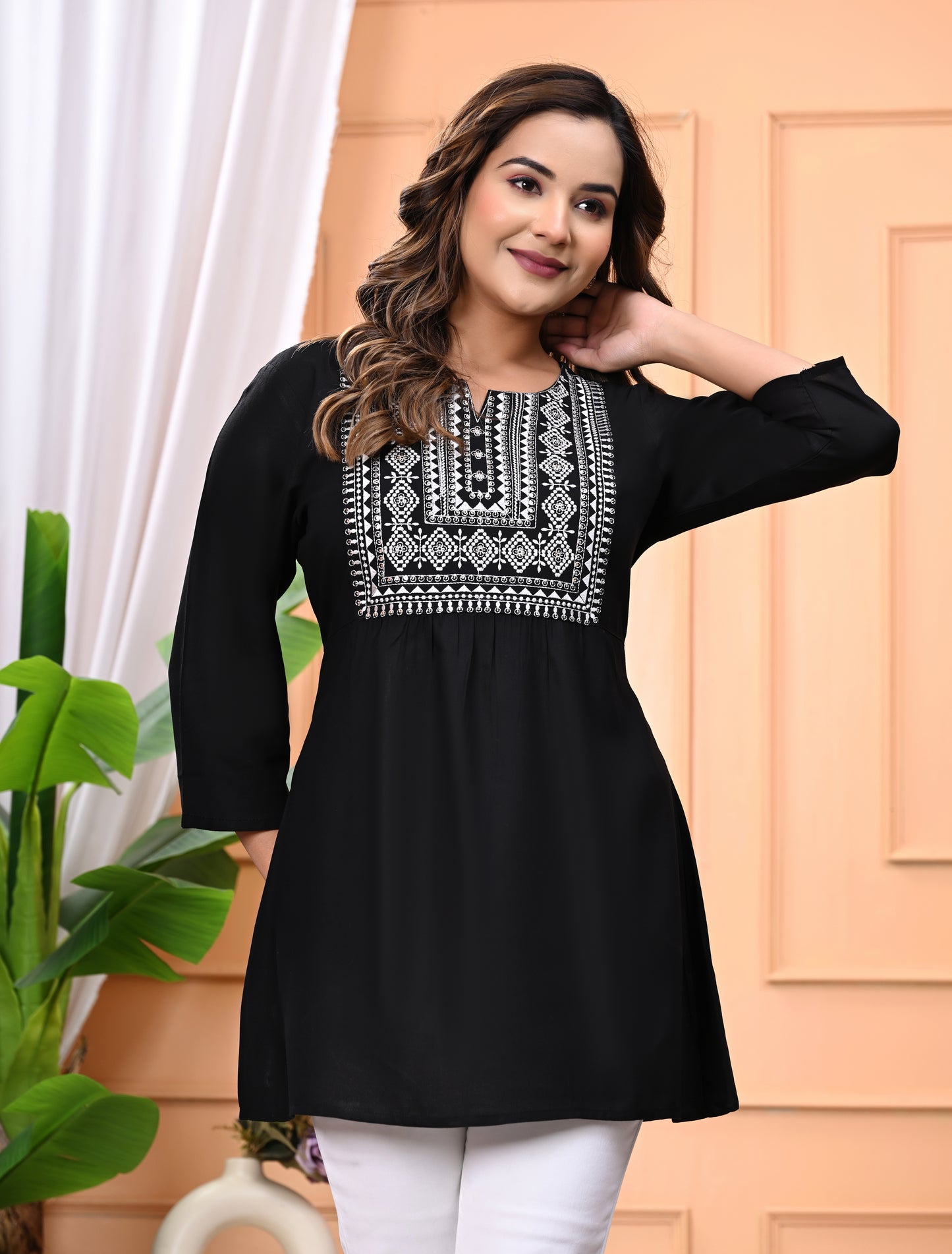 "Women's Black Rayon Short Kurti with White Embroidered Yoke – 3/4 Sleeves"