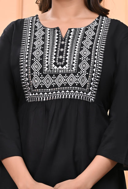 "Women's Black Rayon Short Kurti with White Embroidered Yoke – 3/4 Sleeves"