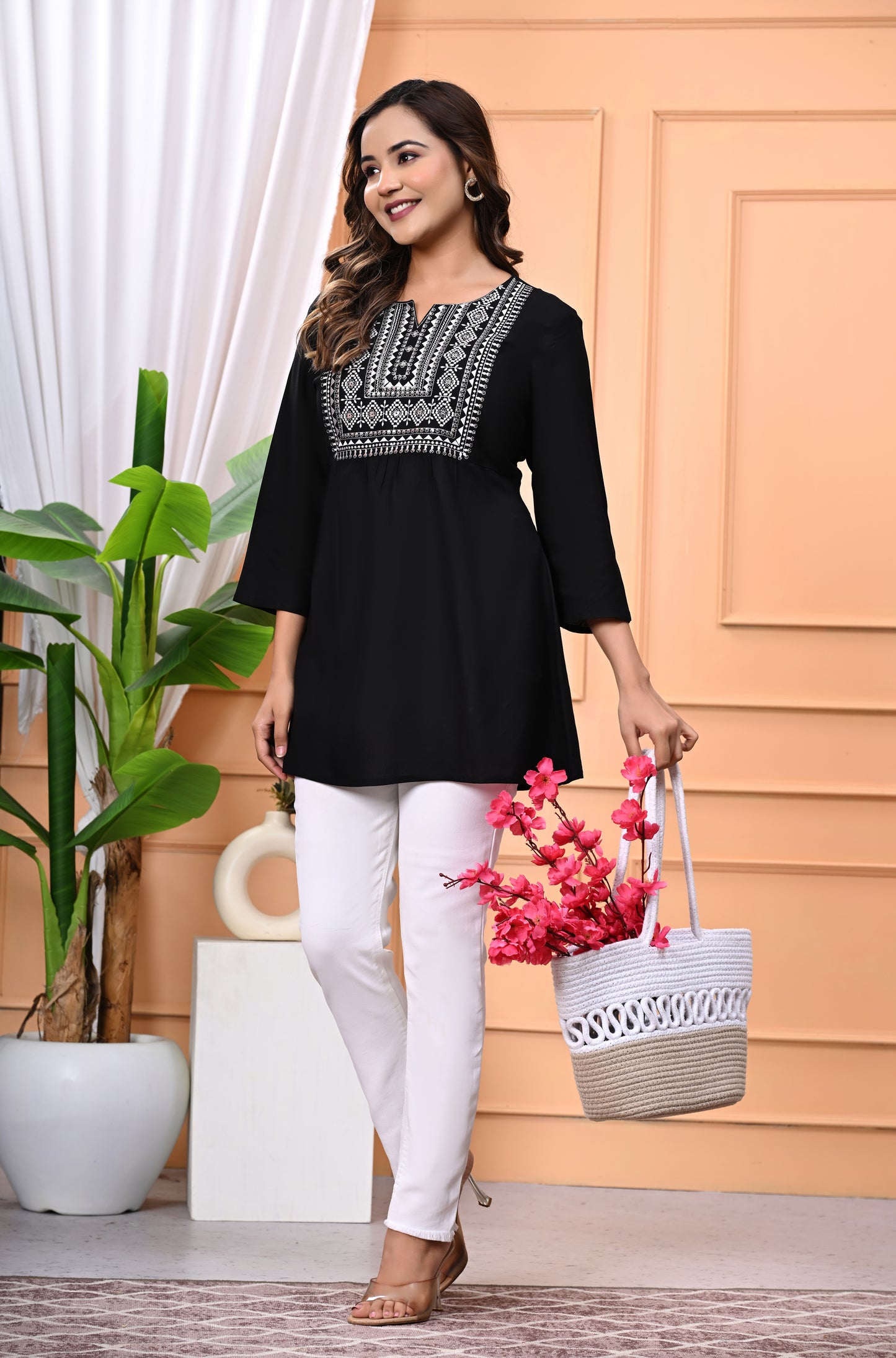 "Women's Black Rayon Short Kurti with White Embroidered Yoke – 3/4 Sleeves"
