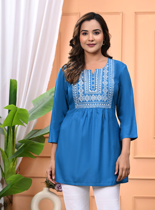 "Women's Blue Rayon Short Kurti with White Embroidered Yoke – 3/4 Sleeves"