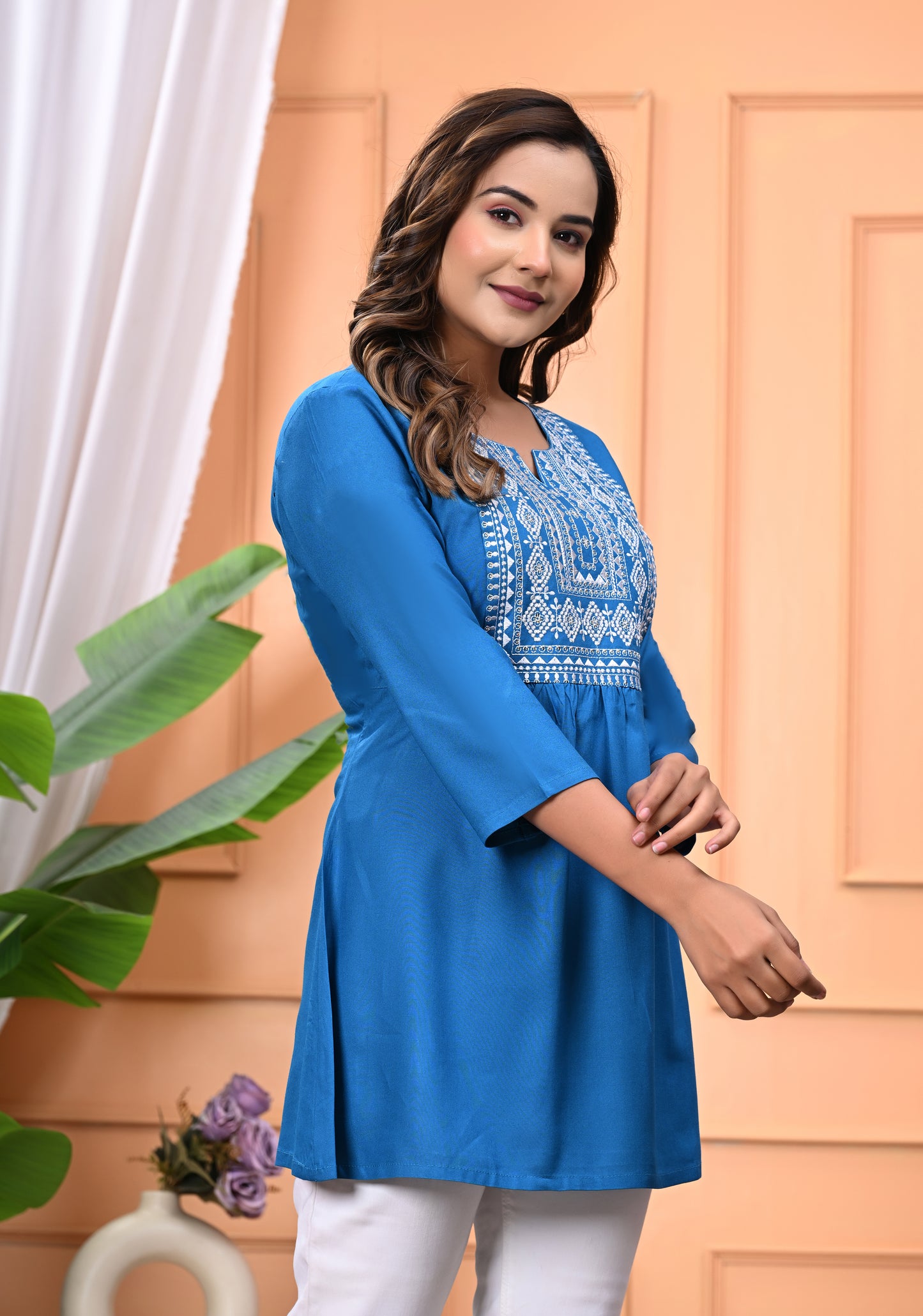 "Women's Blue Rayon Short Kurti with White Embroidered Yoke – 3/4 Sleeves"