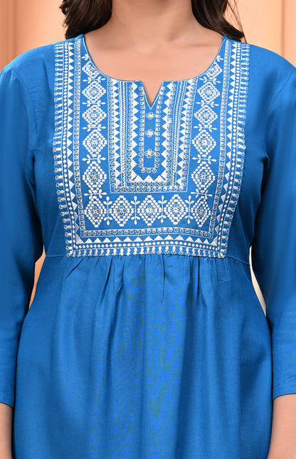 "Women's Blue Rayon Short Kurti with White Embroidered Yoke – 3/4 Sleeves"