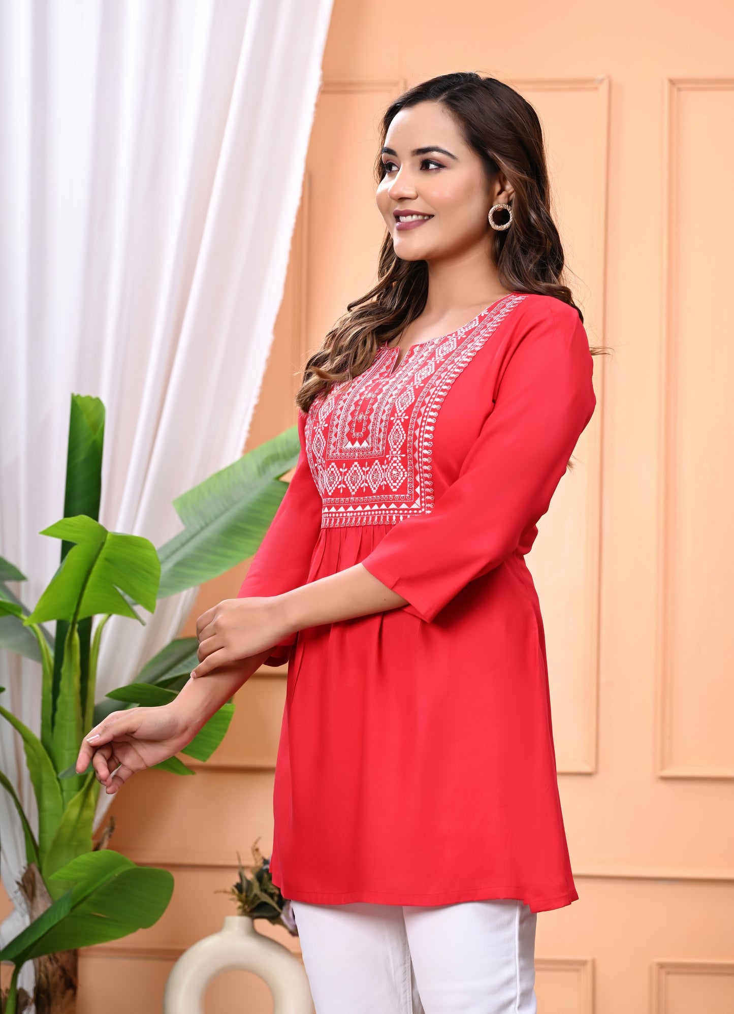 "Women's Rayon Short Kurti with White Embroidered Yoke – 3/4 Sleeves"