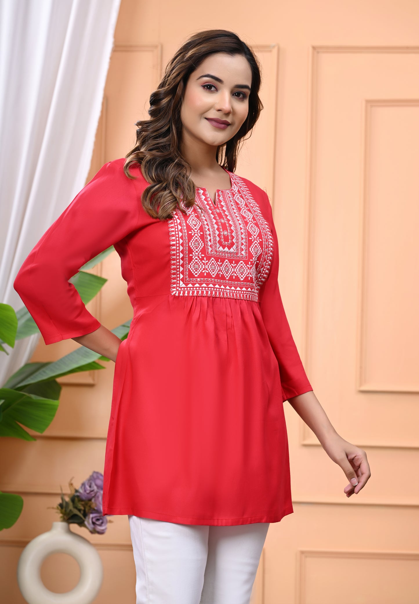 "Women's Rayon Short Kurti with White Embroidered Yoke – 3/4 Sleeves"