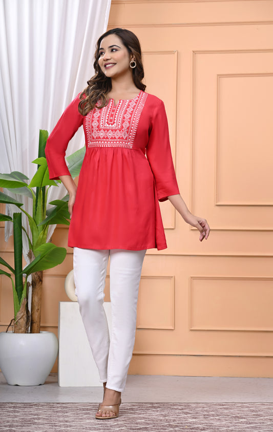 "Women's Rayon Short Kurti with White Embroidered Yoke – 3/4 Sleeves"
