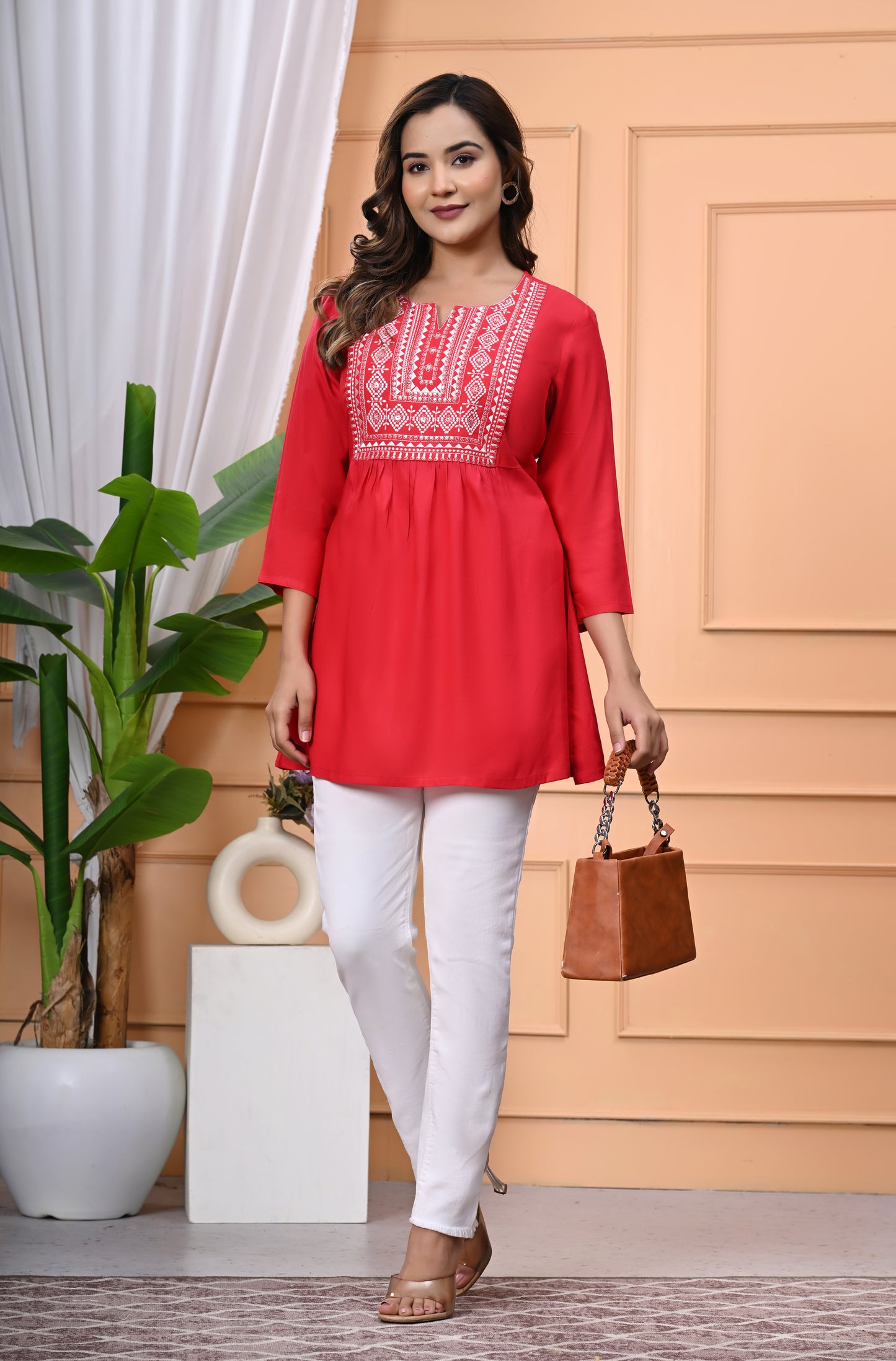 "Women's Rayon Short Kurti with White Embroidered Yoke – 3/4 Sleeves"