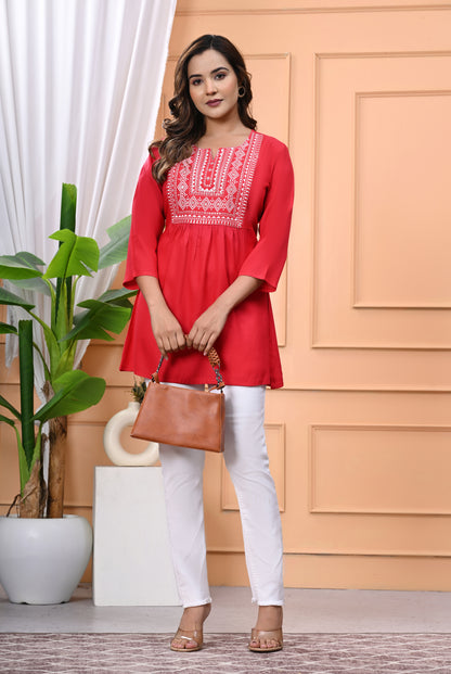 "Women's Rayon Short Kurti with White Embroidered Yoke – 3/4 Sleeves"