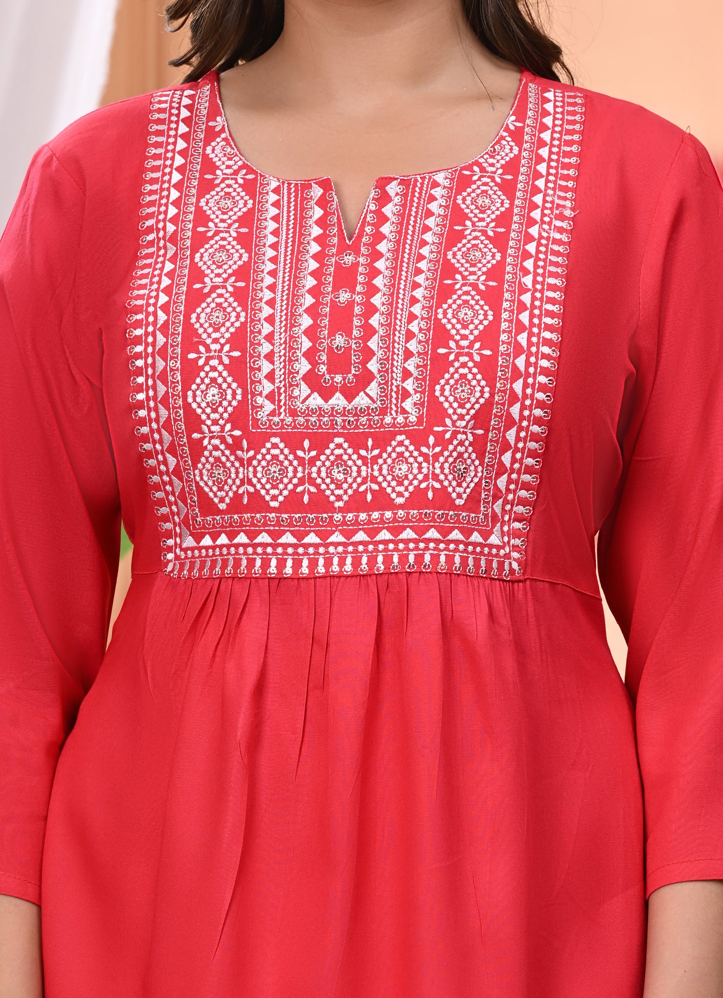 "Women's Rayon Short Kurti with White Embroidered Yoke – 3/4 Sleeves"