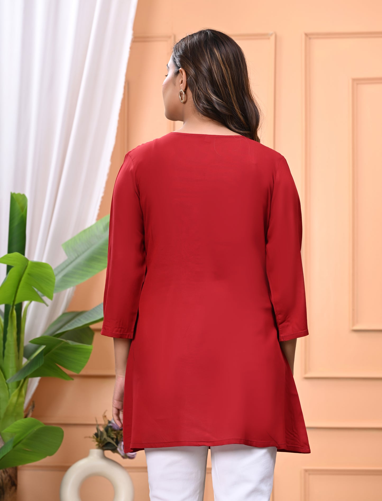 "Women's Maroon Rayon Short Kurti with White Embroidered Yoke – 3/4 Sleeves"