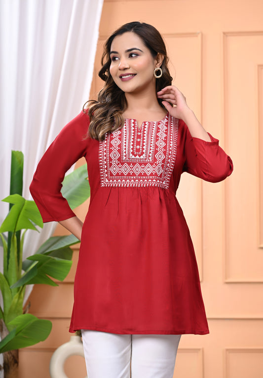 "Women's Maroon Rayon Short Kurti with White Embroidered Yoke – 3/4 Sleeves"