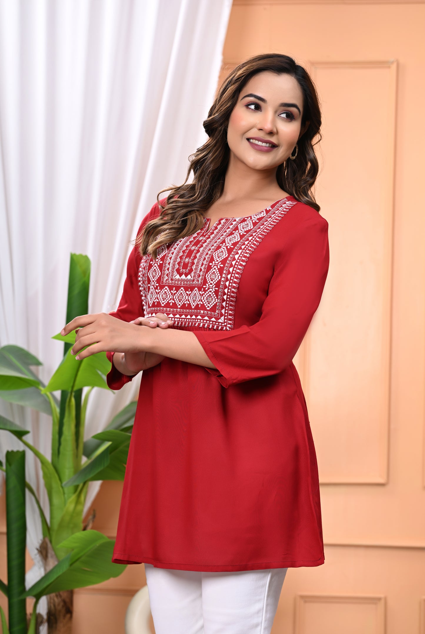 "Women's Maroon Rayon Short Kurti with White Embroidered Yoke – 3/4 Sleeves"