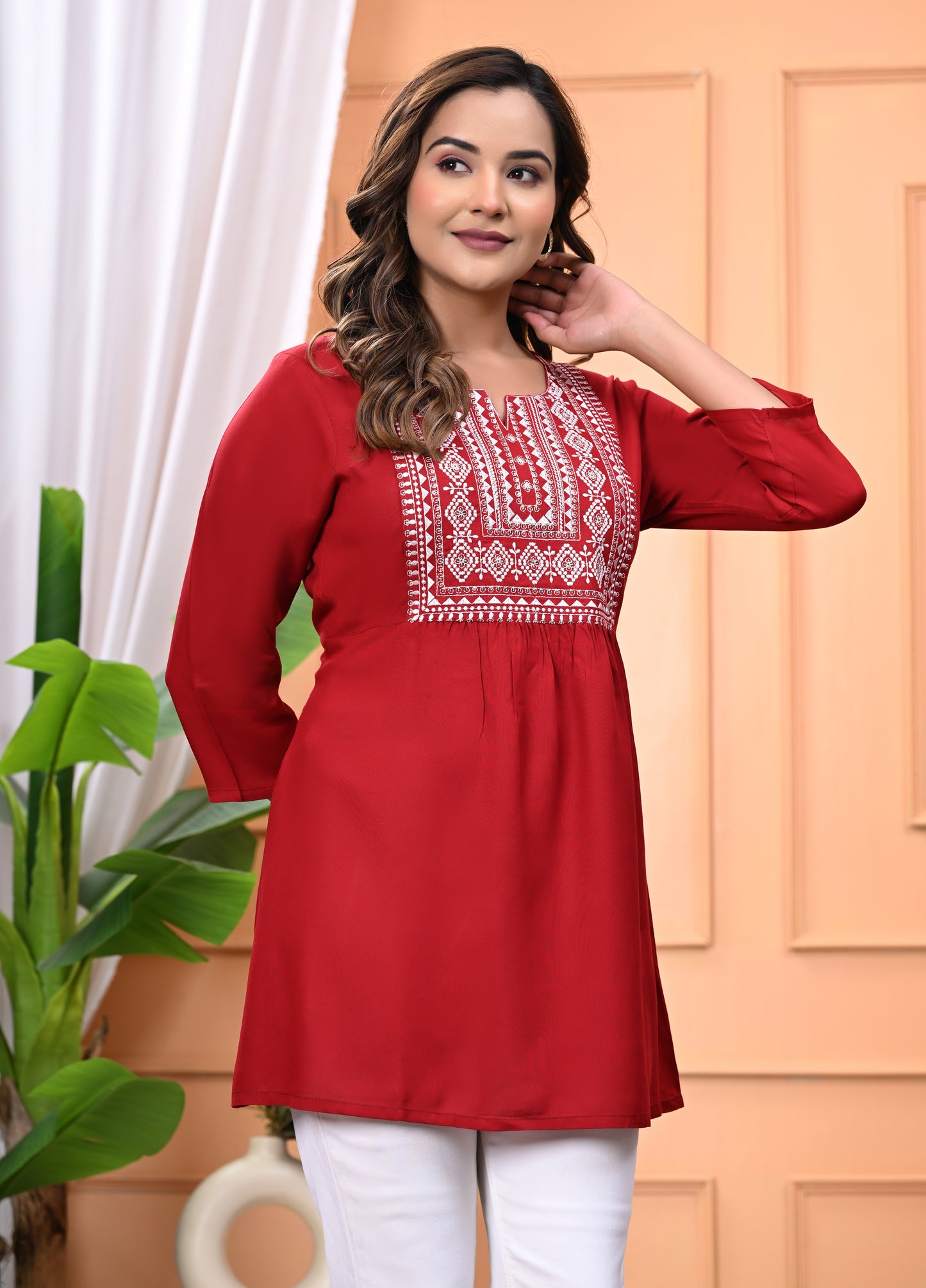 "Women's Maroon Rayon Short Kurti with White Embroidered Yoke – 3/4 Sleeves"