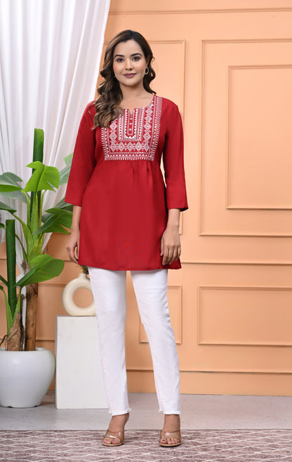 "Women's Maroon Rayon Short Kurti with White Embroidered Yoke – 3/4 Sleeves"