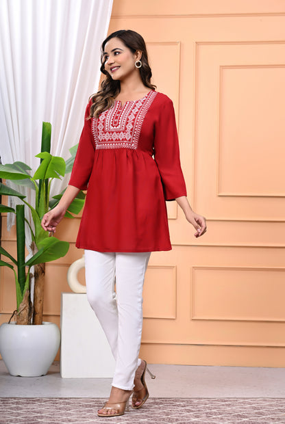 "Women's Maroon Rayon Short Kurti with White Embroidered Yoke – 3/4 Sleeves"