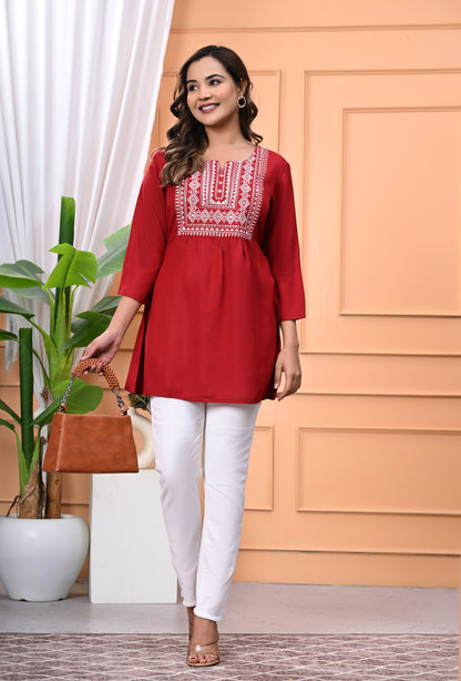 "Women's Maroon Rayon Short Kurti with White Embroidered Yoke – 3/4 Sleeves"