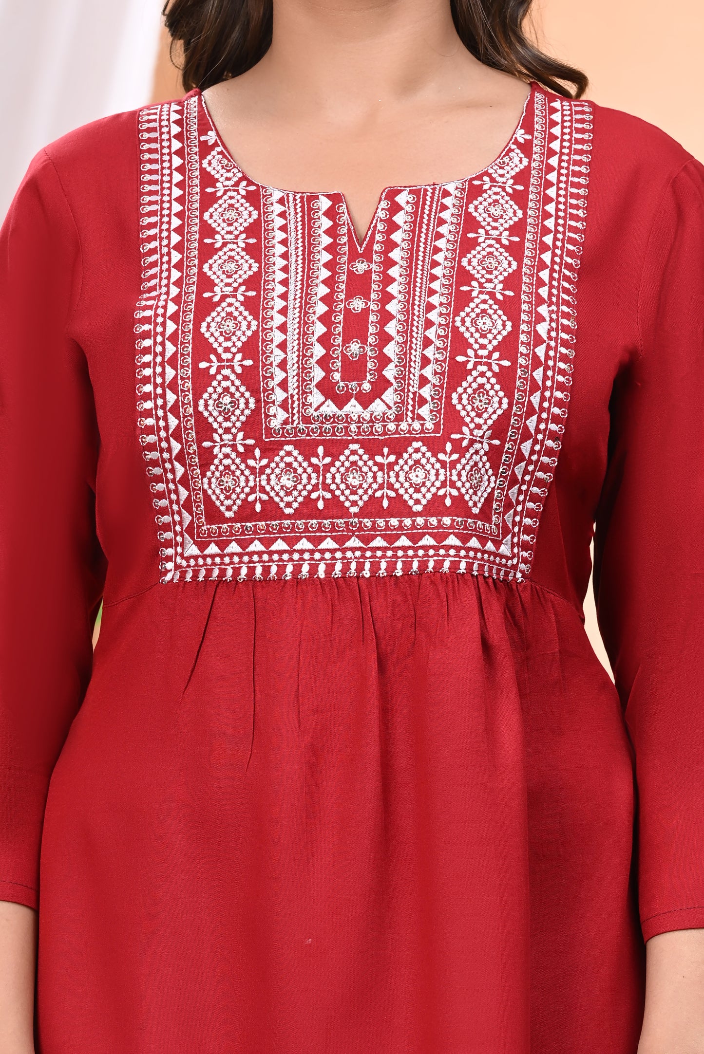 "Women's Maroon Rayon Short Kurti with White Embroidered Yoke – 3/4 Sleeves"