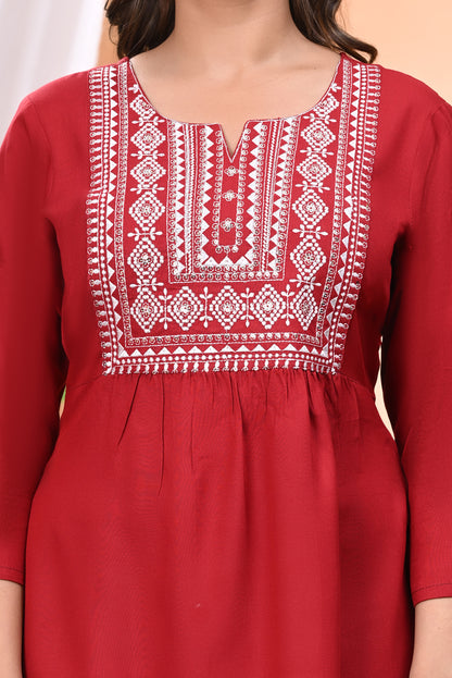 "Women's Maroon Rayon Short Kurti with White Embroidered Yoke – 3/4 Sleeves"