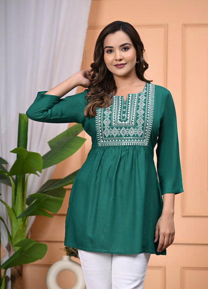 "Women's Green Rayon Short Kurti with White Embroidered Yoke – 3/4 Sleeves"