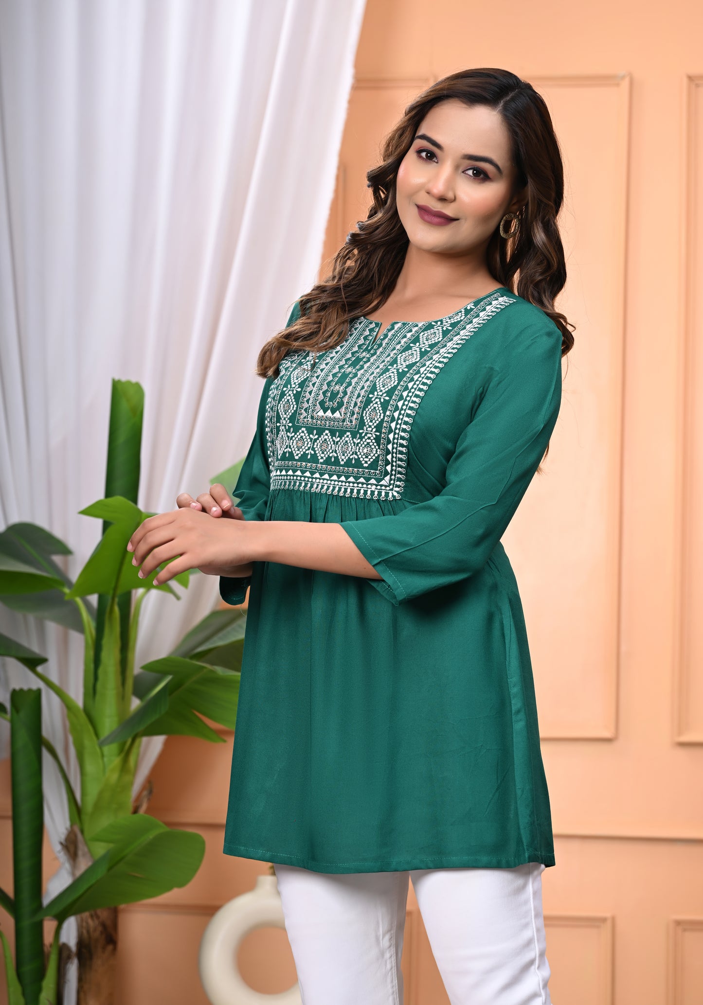 "Women's Green Rayon Short Kurti with White Embroidered Yoke – 3/4 Sleeves"