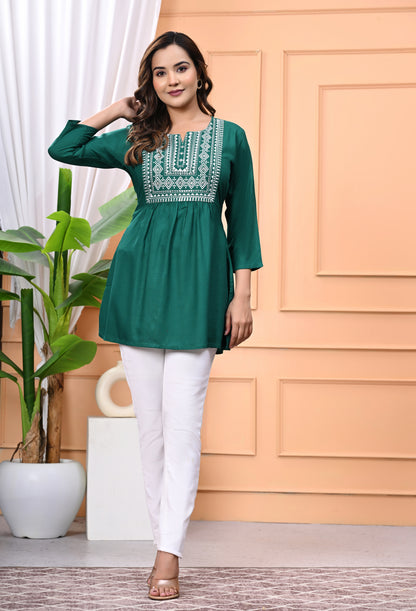 "Women's Green Rayon Short Kurti with White Embroidered Yoke – 3/4 Sleeves"