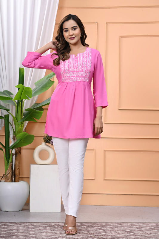 "Women's Pink Rayon Short Kurti with White Embroidered Yoke – 3/4 Sleeves"