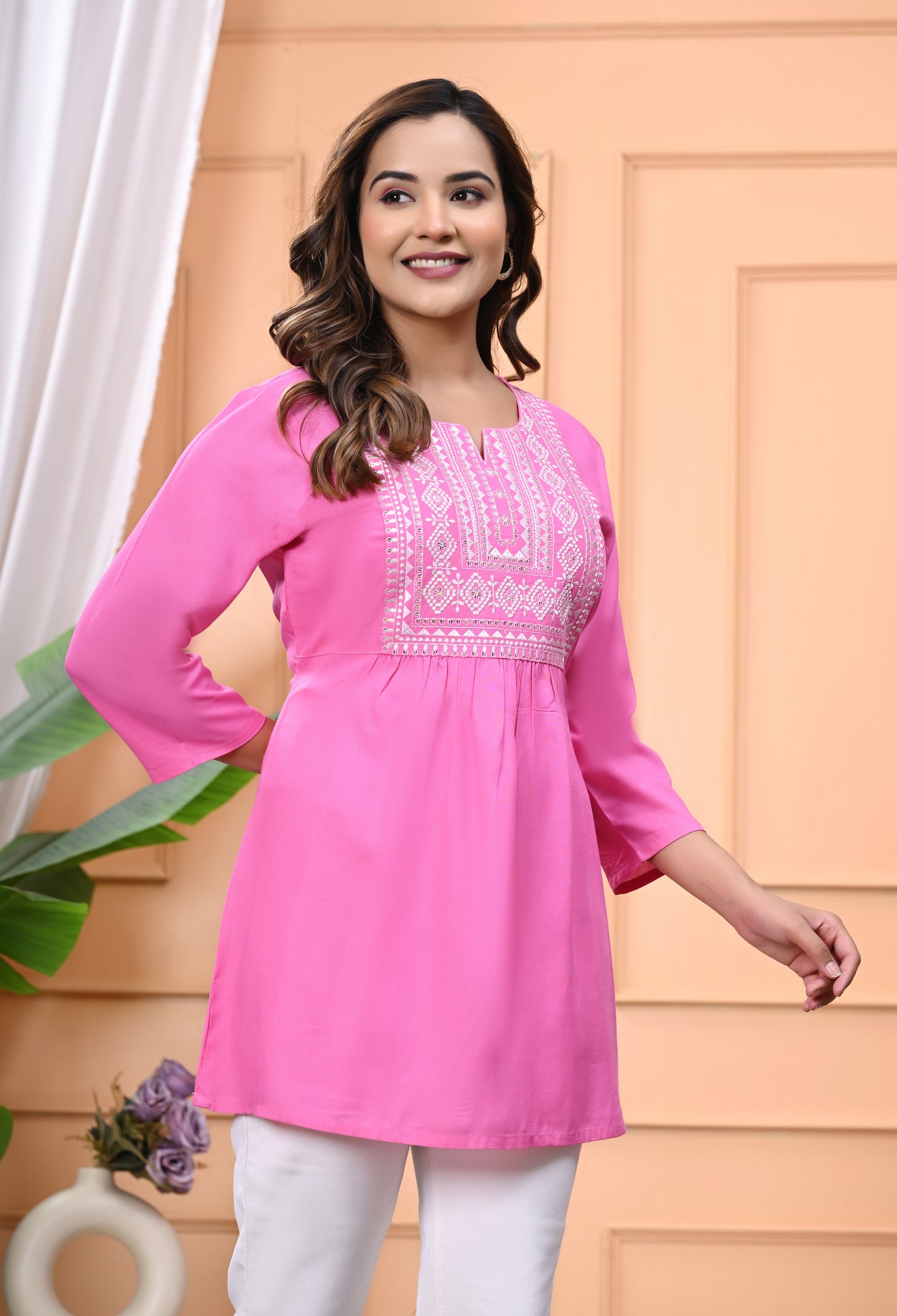 "Women's Pink Rayon Short Kurti with White Embroidered Yoke – 3/4 Sleeves"