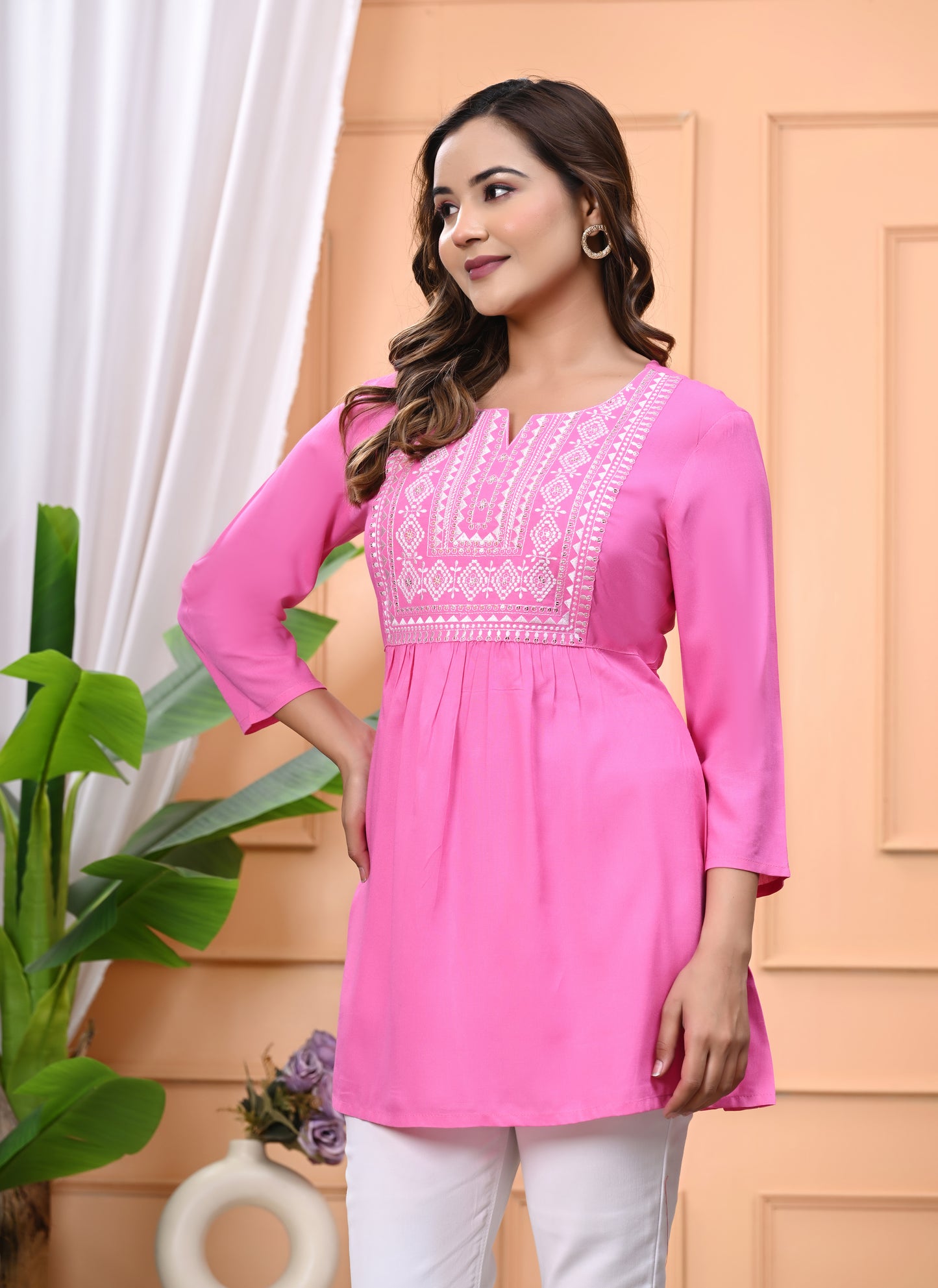 "Women's Pink Rayon Short Kurti with White Embroidered Yoke – 3/4 Sleeves"