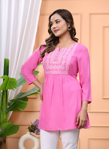 "Women's Pink Rayon Short Kurti with White Embroidered Yoke – 3/4 Sleeves"