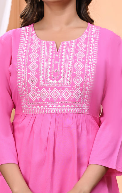 "Women's Pink Rayon Short Kurti with White Embroidered Yoke – 3/4 Sleeves"