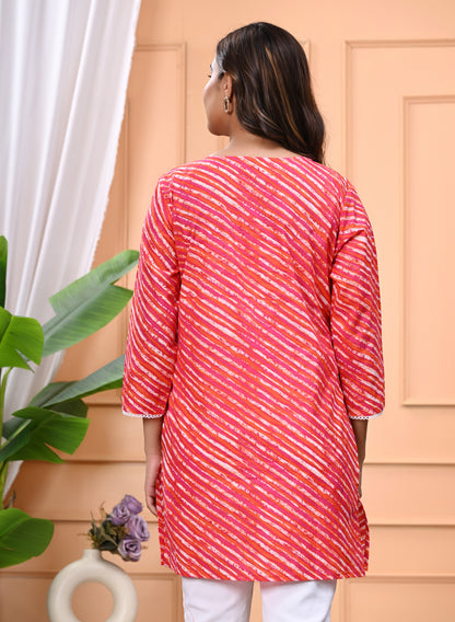 Women's Pink & Orange Leheriya Printed Cotton Short Kurti