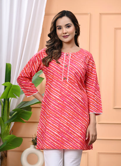 Women's Pink & Orange Leheriya Printed Cotton Short Kurti