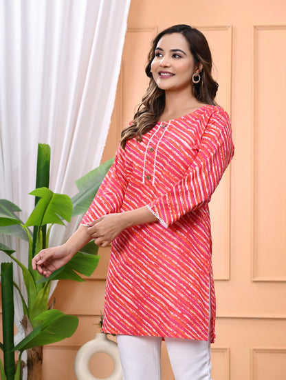 Women's Pink & Orange Leheriya Printed Cotton Short Kurti