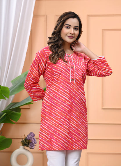 Women's Pink & Orange Leheriya Printed Cotton Short Kurti