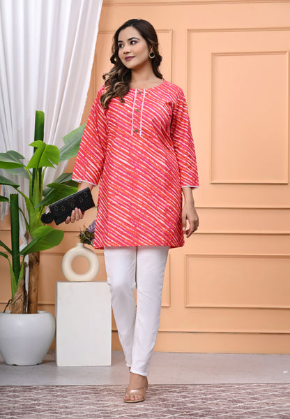 Women's Pink & Orange Leheriya Printed Cotton Short Kurti