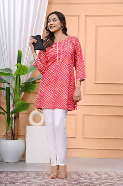 Women's Pink & Orange Leheriya Printed Cotton Short Kurti