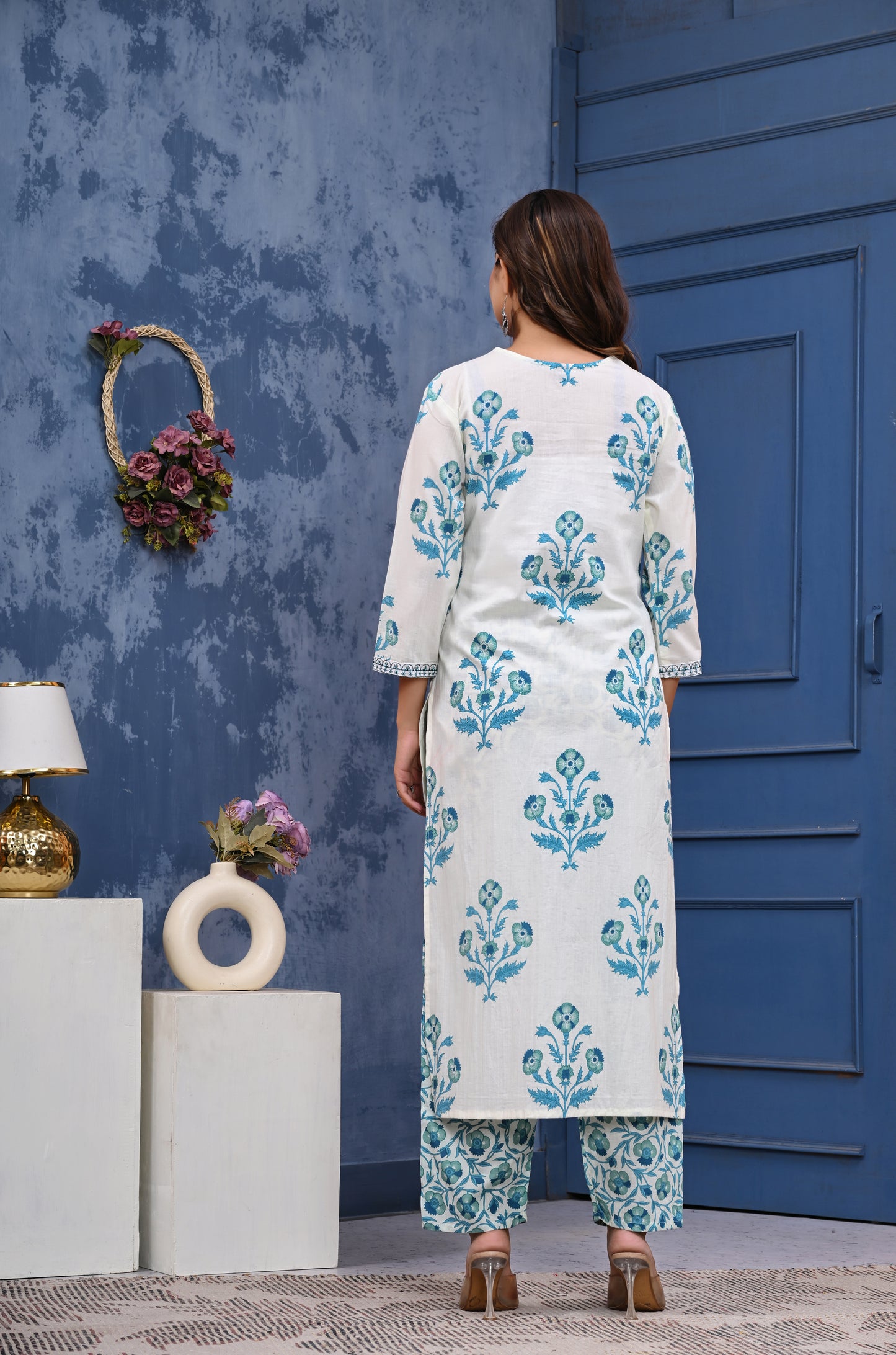 🌸 Elegant White & Blue Floral Cotton Kurta Set with Dupatta 🌸