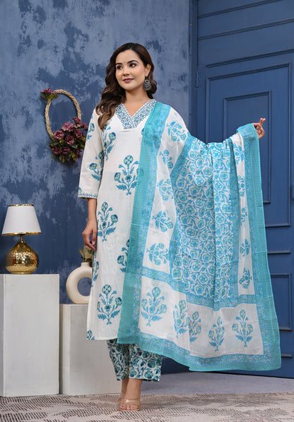 🌸 Elegant White & Blue Floral Cotton Kurta Set with Dupatta 🌸