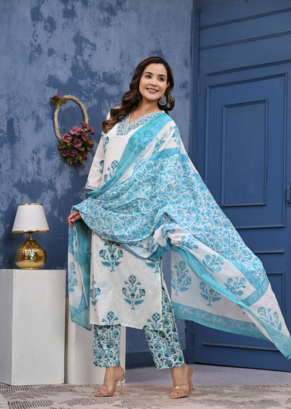 🌸 Elegant White & Blue Floral Cotton Kurta Set with Dupatta 🌸