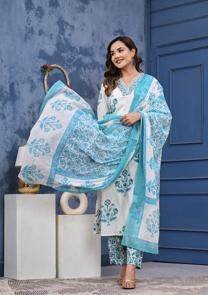 🌸 Elegant White & Blue Floral Cotton Kurta Set with Dupatta 🌸