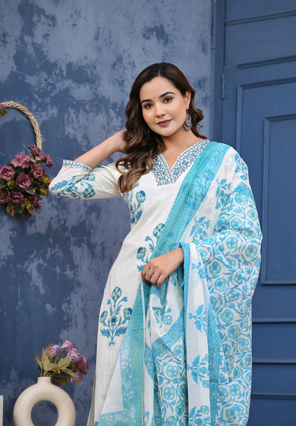 🌸 Elegant White & Blue Floral Cotton Kurta Set with Dupatta 🌸