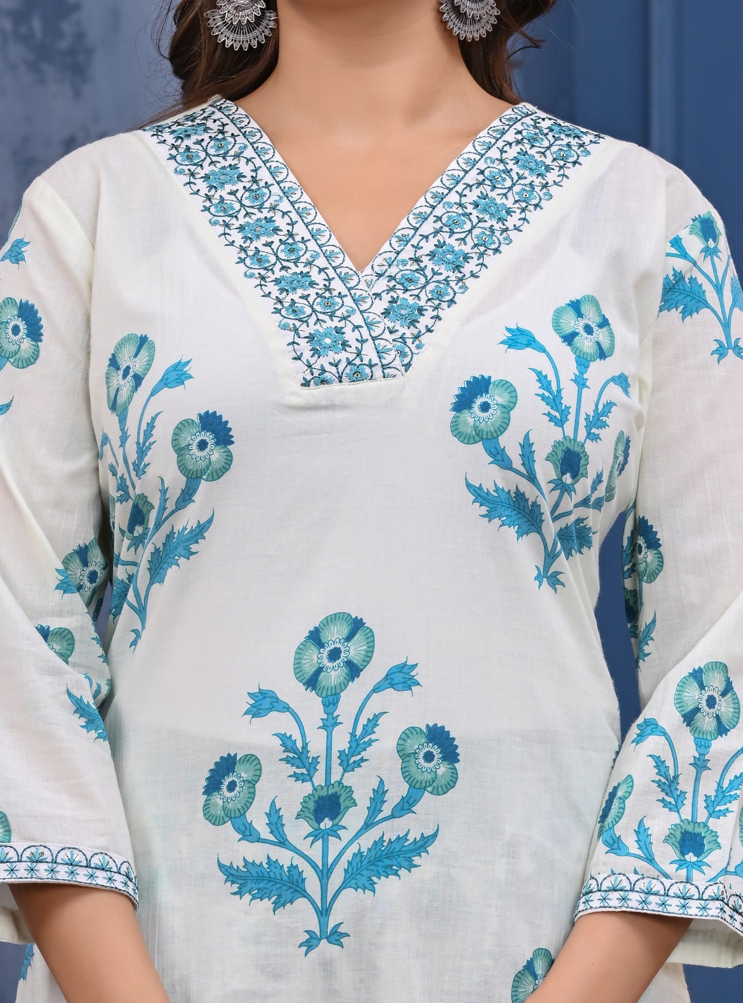 🌸 Elegant White & Blue Floral Cotton Kurta Set with Dupatta 🌸
