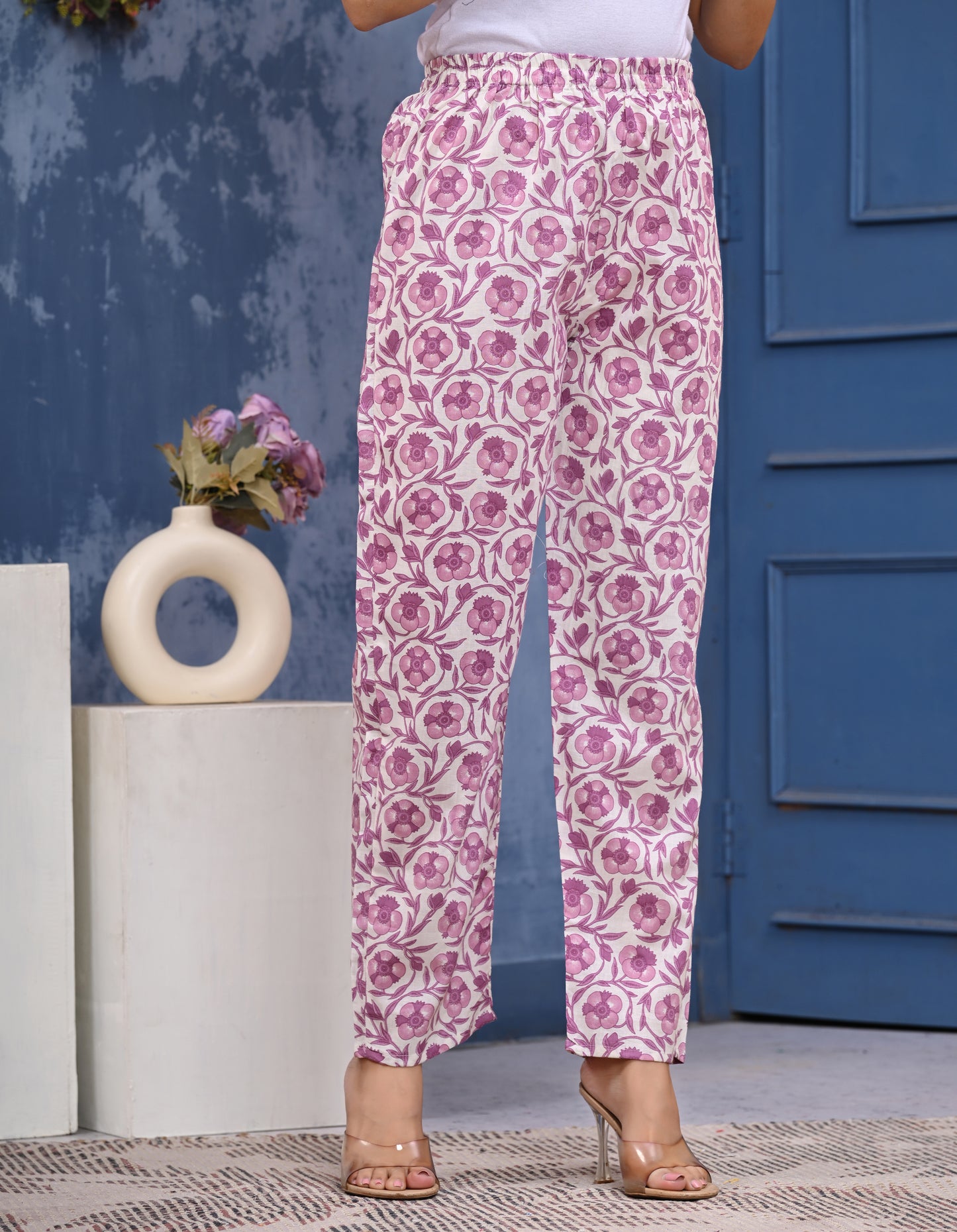 White & Pink Floral Printed Cotton Kurta Set with Dupatta
