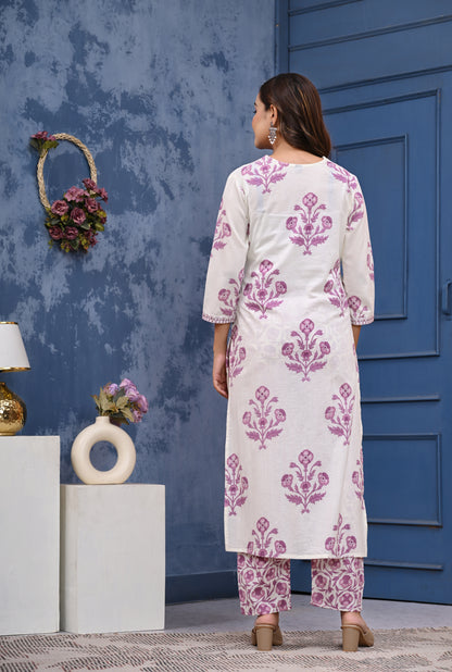 White & Pink Floral Printed Cotton Kurta Set with Dupatta