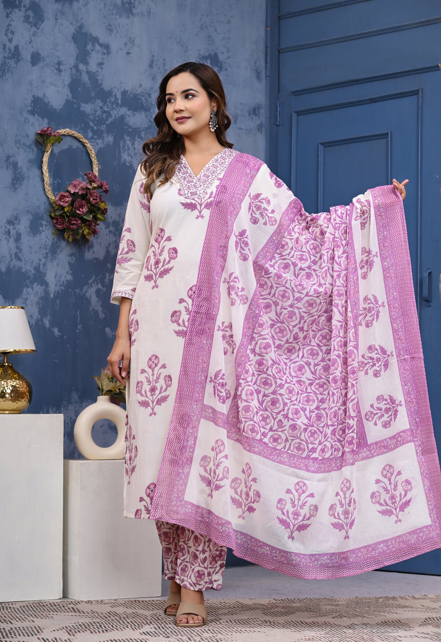 White & Pink Floral Printed Cotton Kurta Set with Dupatta