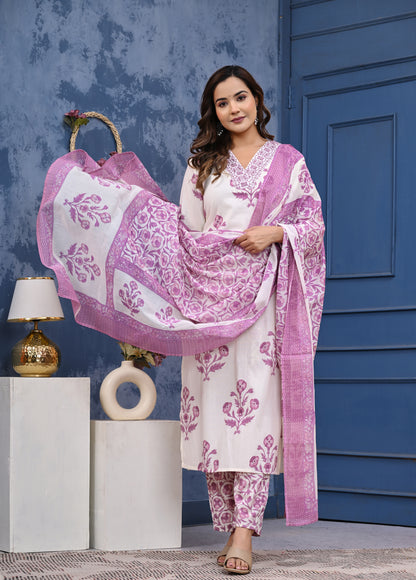 White & Pink Floral Printed Cotton Kurta Set with Dupatta