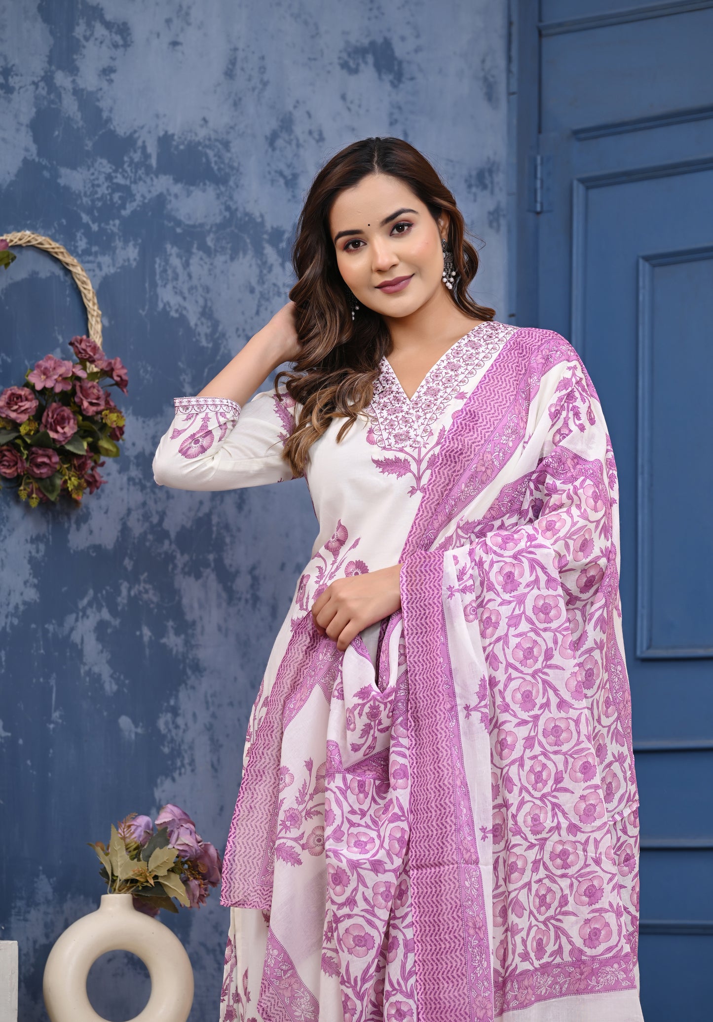 White & Pink Floral Printed Cotton Kurta Set with Dupatta