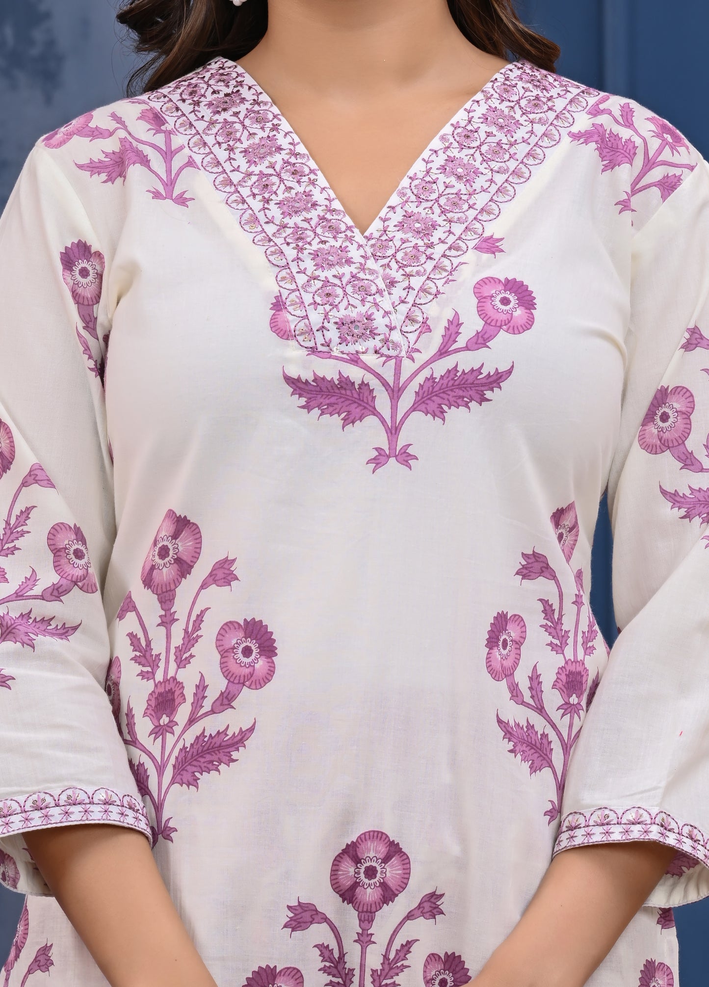 White & Pink Floral Printed Cotton Kurta Set with Dupatta