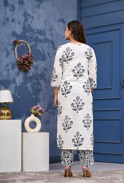 Elegant White & Black Floral Printed Cotton Kurta Set with Dupatta