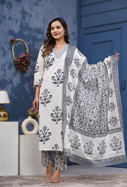 Elegant White & Black Floral Printed Cotton Kurta Set with Dupatta