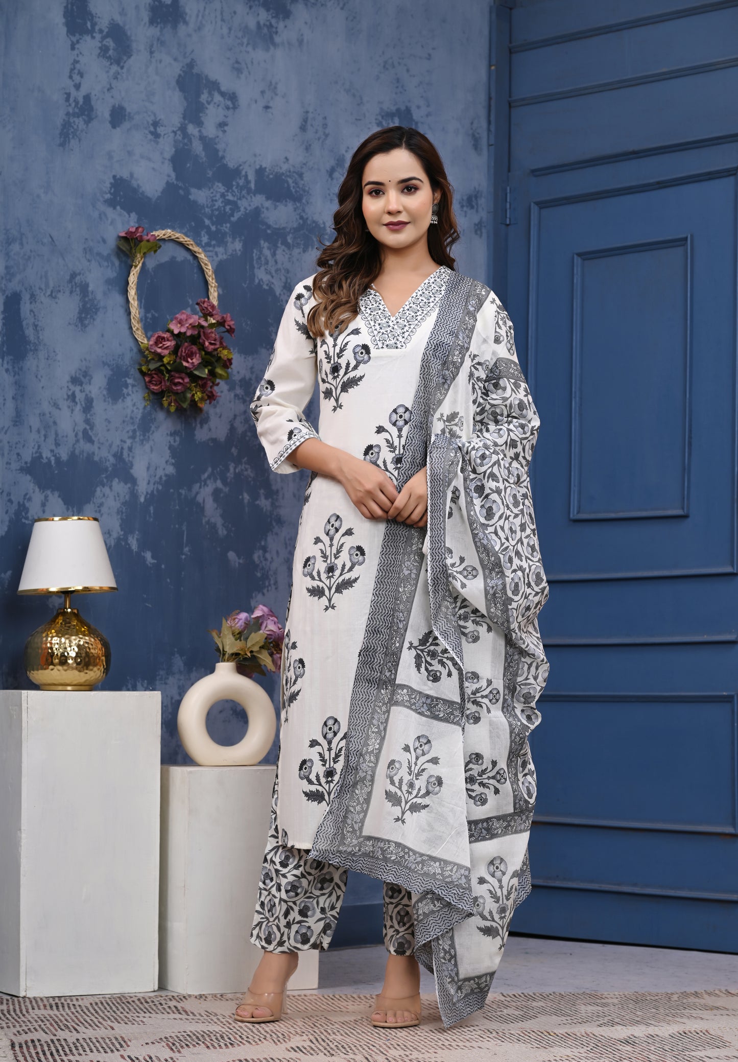 Elegant White & Black Floral Printed Cotton Kurta Set with Dupatta